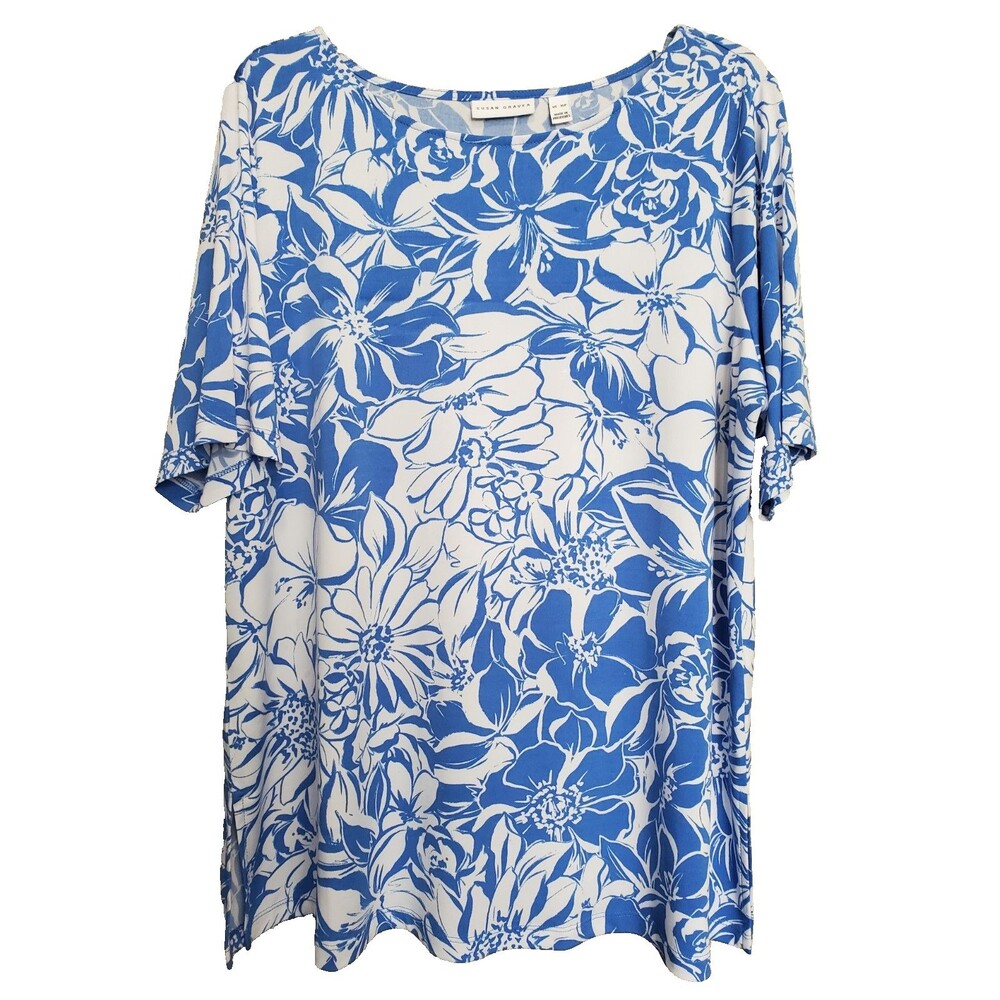 Susan Graver LiquidKnit Blue Floral Boat Neck Short Sleeve Tunic Size XLP